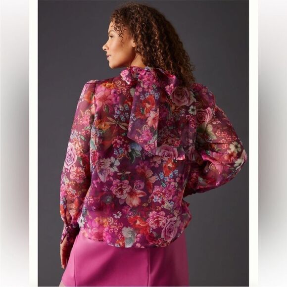 Anthropologie Purlple pink chiffon blouse with flower print size small - Picture 2 of 14